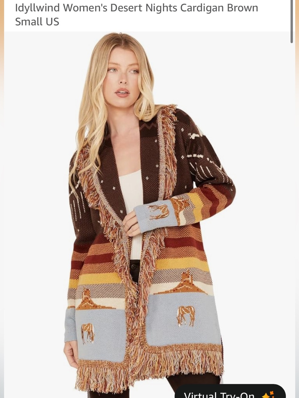 Idyllwind Desert Nights Fringe Open-Front Cardigan - Brown/Blue/Mustard